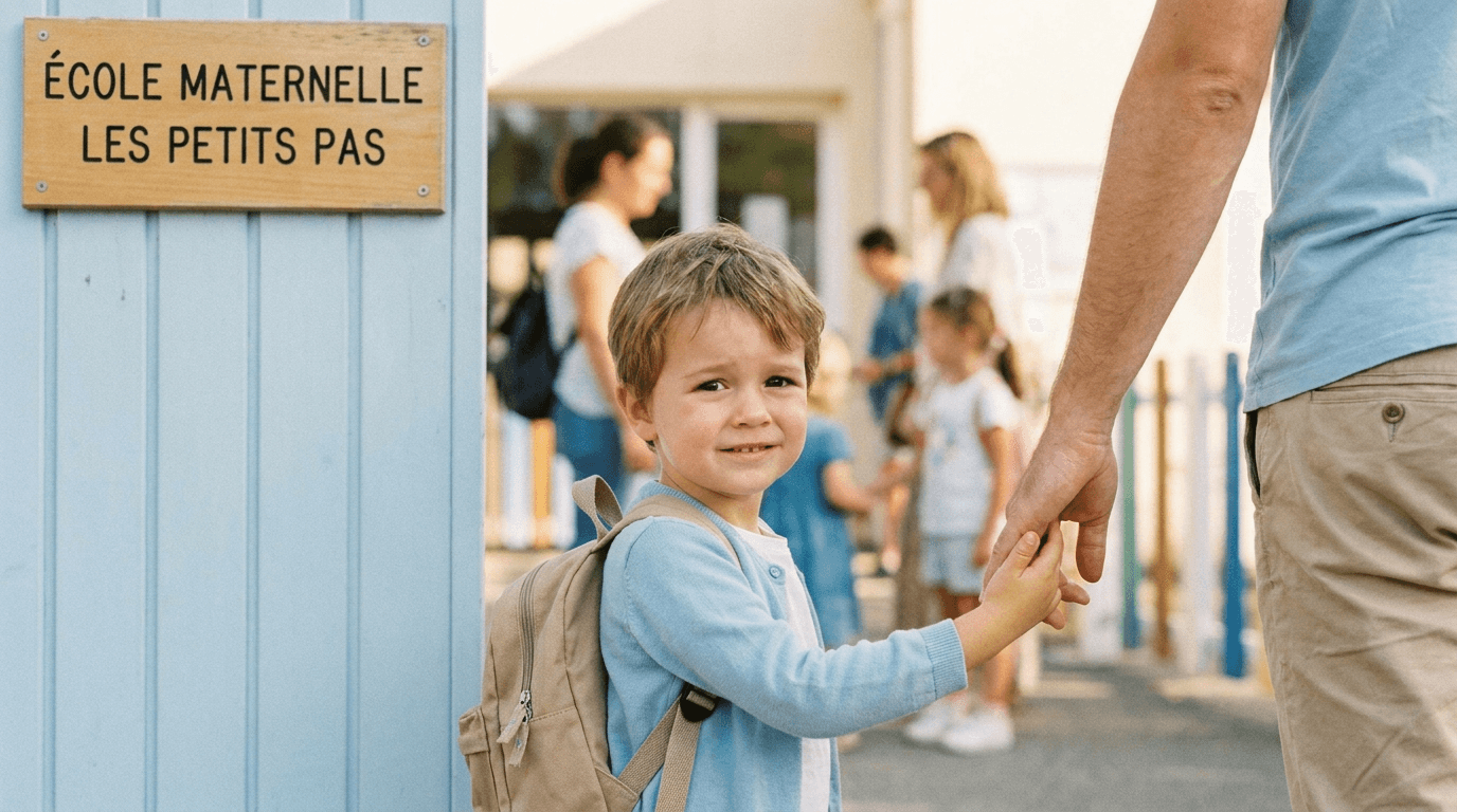 Jeune enfant avec cartable tenant la main d'un parent devant l'école maternelle.