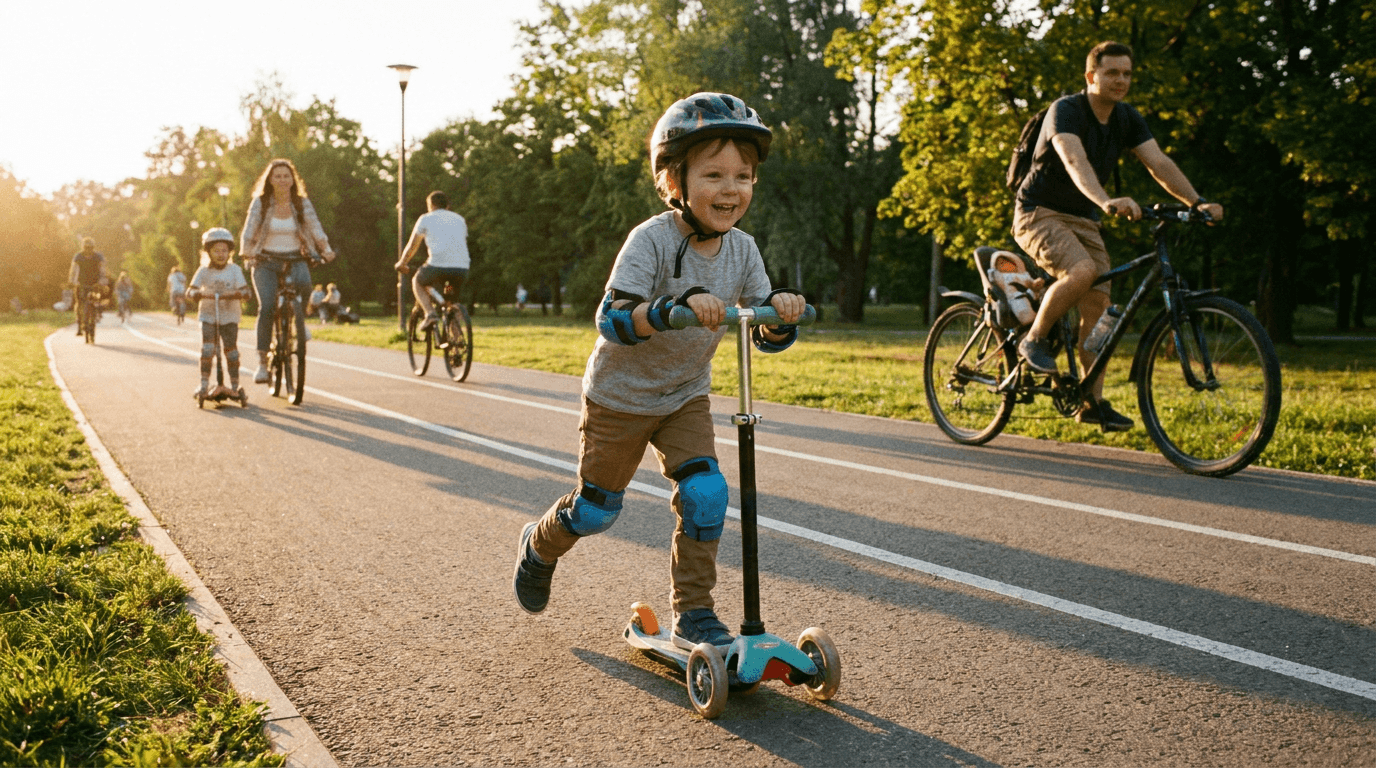 Enfant casqué roulant sur une trottinette à trois roues dans un parc.