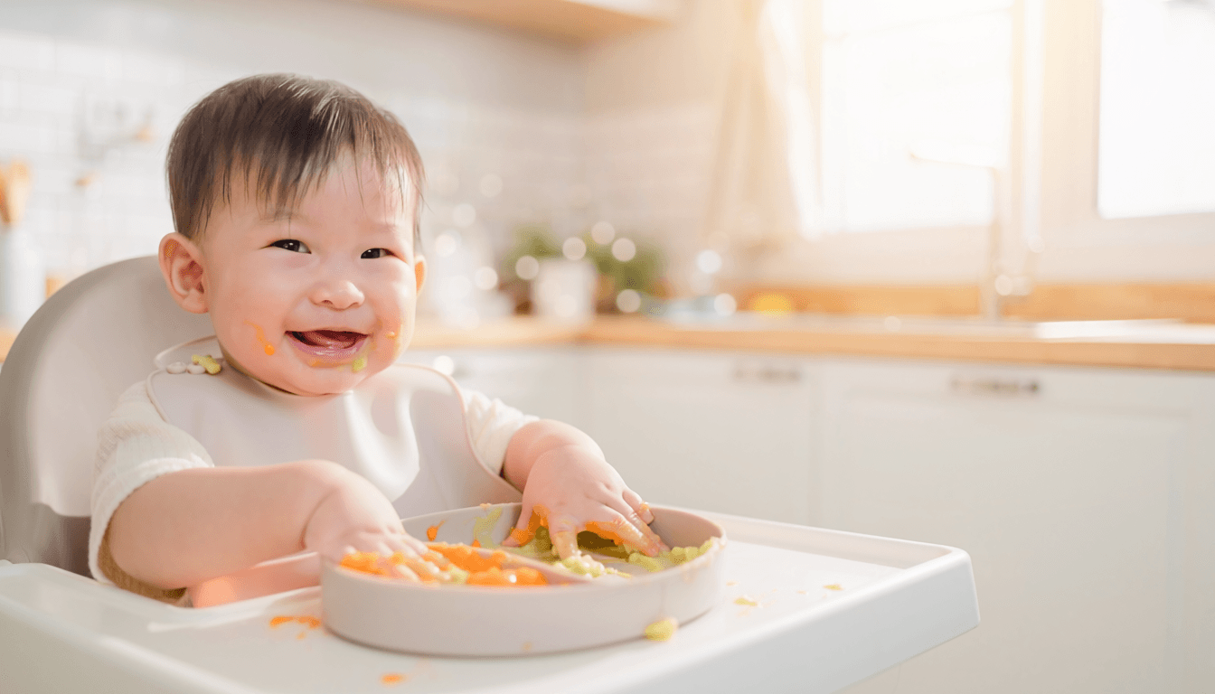 Bébé souriant dégustant sa première purée de légumes à table.