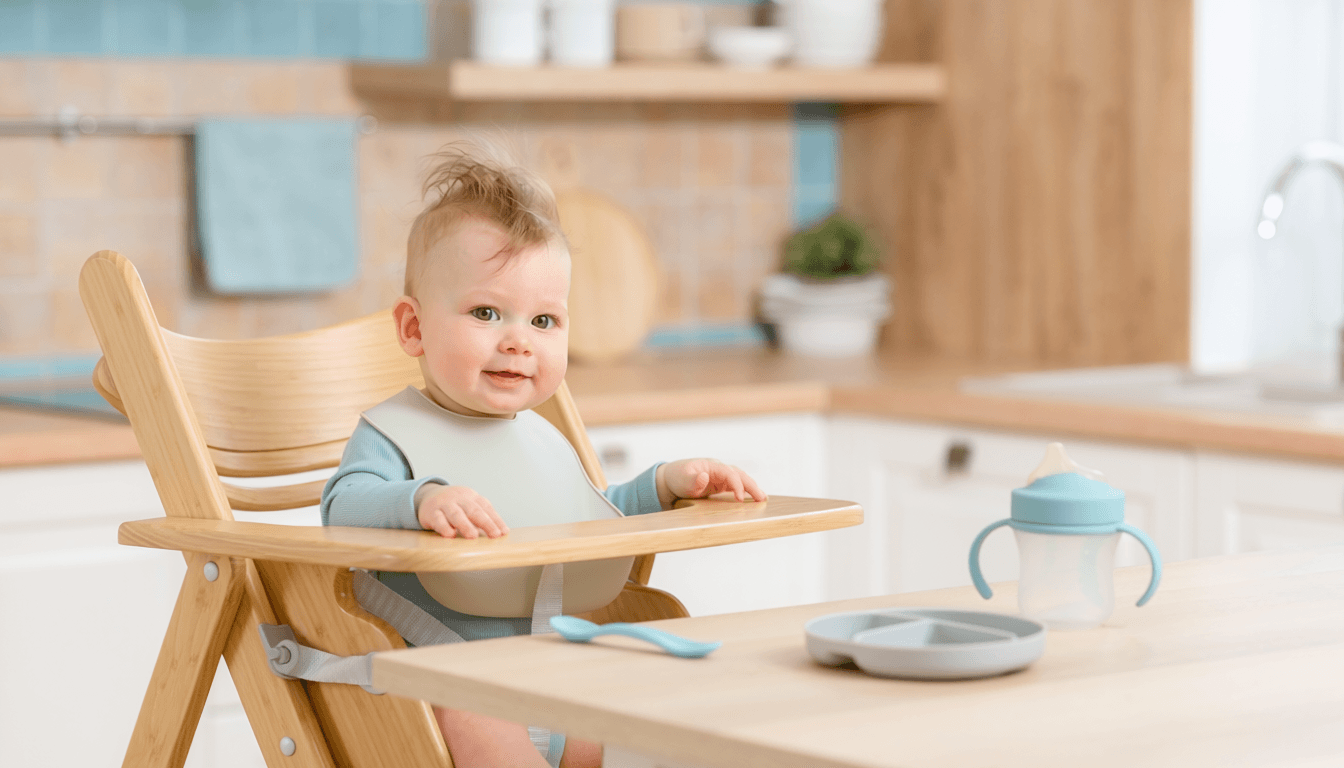 Bébé assis dans une chaise haute évolutive en bois, prêt pour le repas en famille.