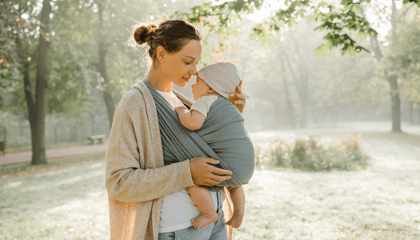 Parent portant son bébé en écharpe de portage physiologique en extérieur.