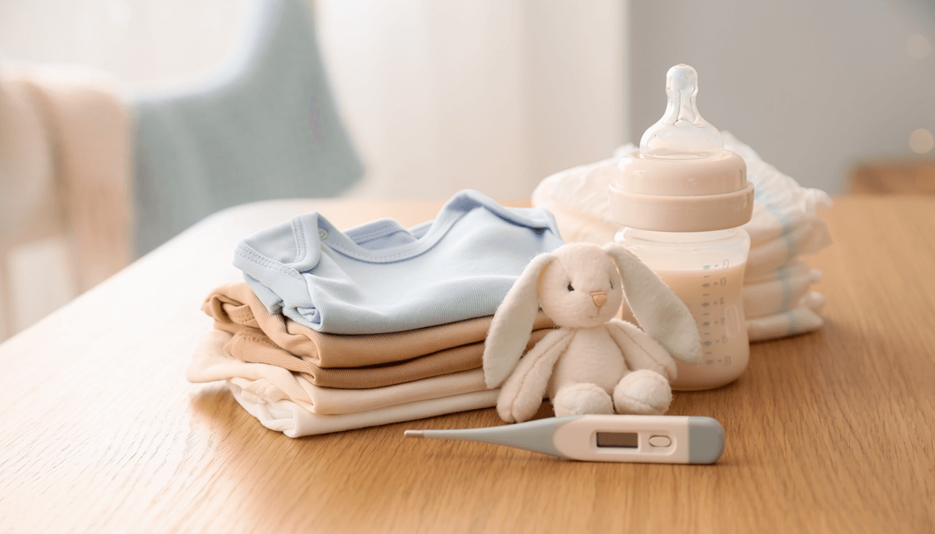 Essentiels de liste de naissance disposés avec soin sur une table en bois.