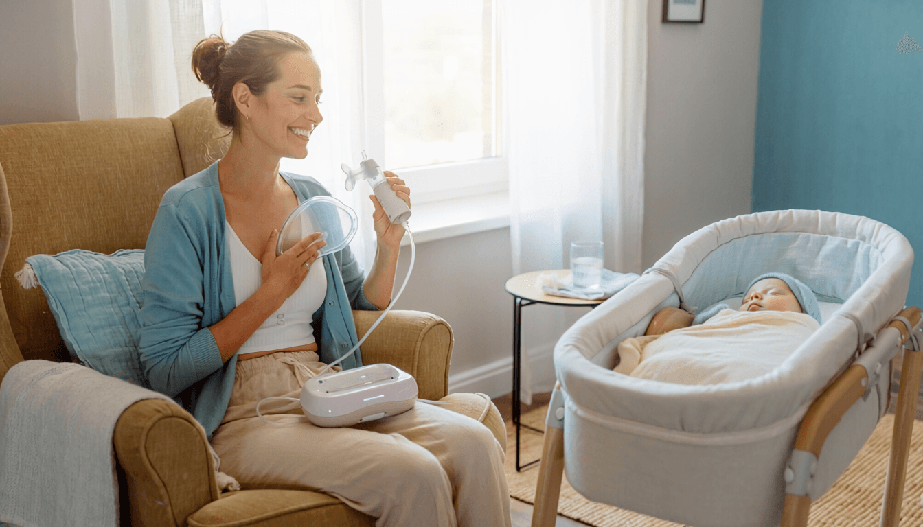 Jeune mère utilisant un tire-lait électrique dans un salon lumineux, bébé endormi à côté.