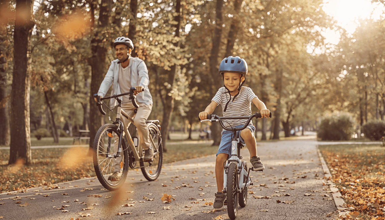 Enfant à vélo avec casque, roulant dans une allée de parc verdoyante.