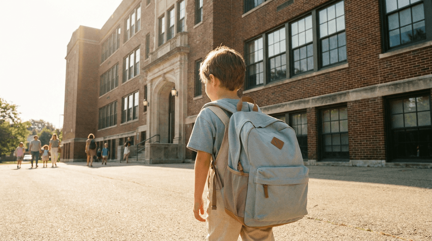 Enfant avec un cartable marchant vers l'entrée de l'école élémentaire le jour de la rentrée en CP.