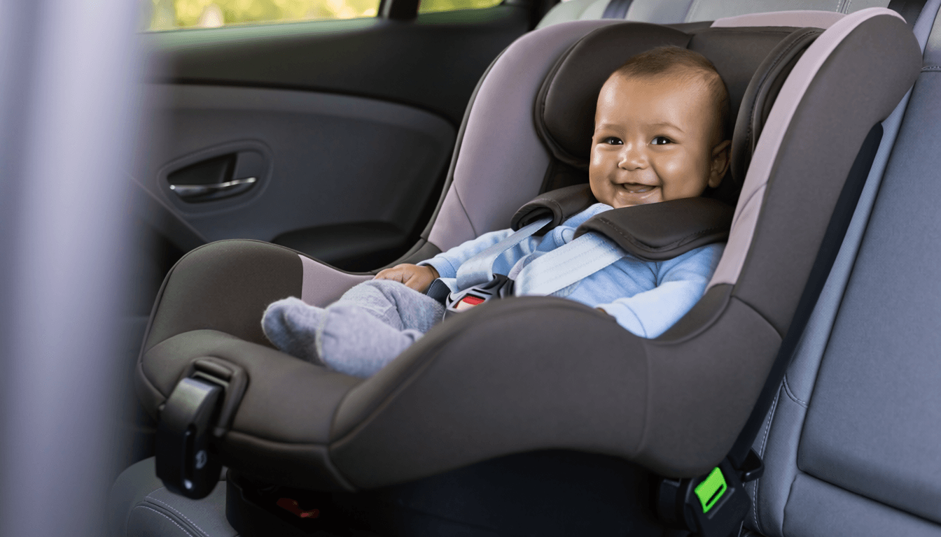 Bébé installé en toute sécurité dans un siège auto dos à la route avec Isofix.