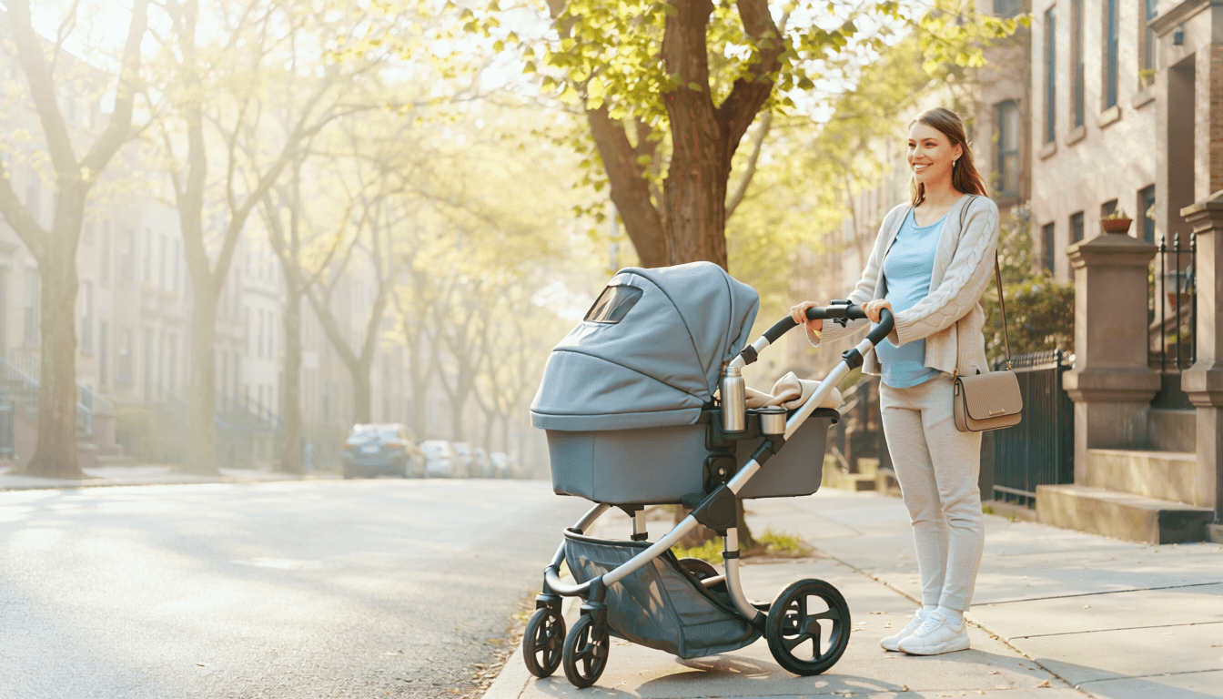Femme enceinte poussant une poussette moderne dans une rue arborée.